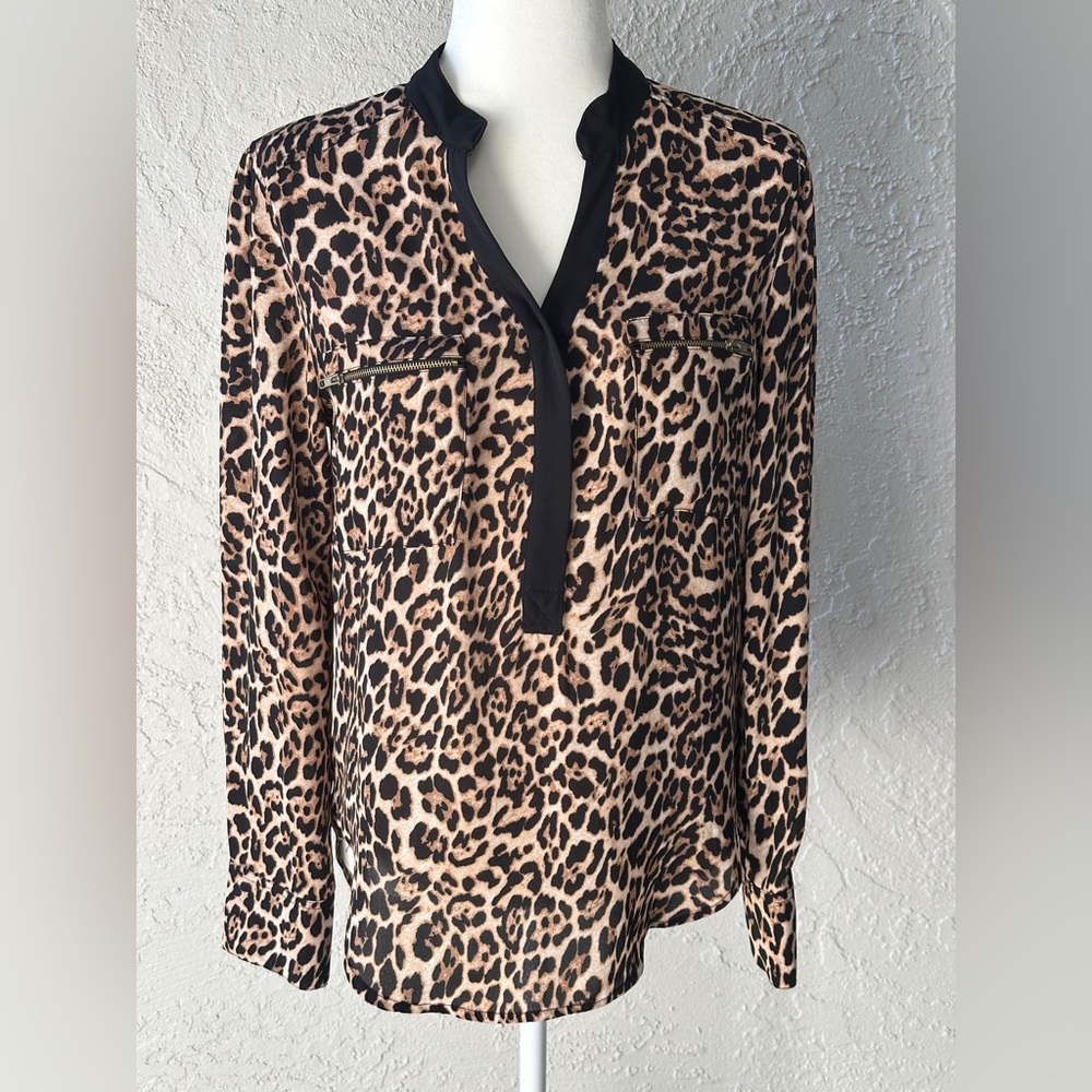 MNK Atelier Blouse Animal Leopard V-Neck Tan Brown  Long Sleeve Size Medium